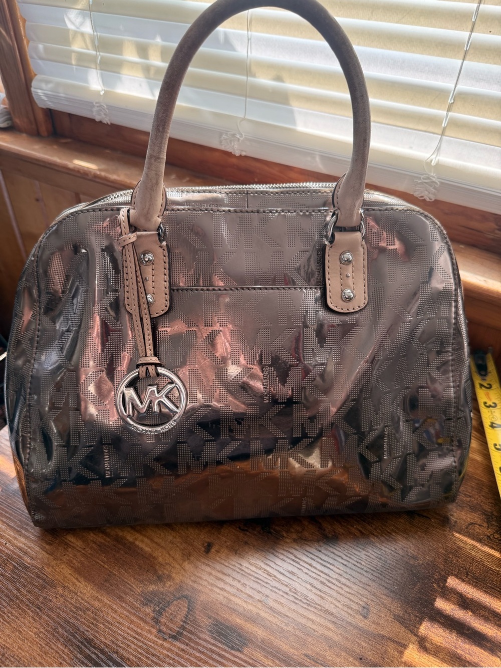 Michael Kors Shiny Metallic Taupe MK Logo Satchel